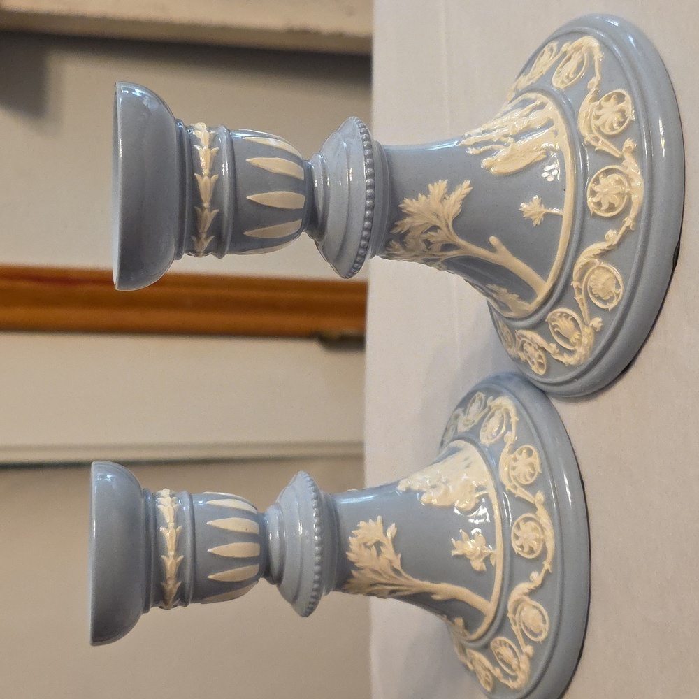 Wedgwood of Etruria & Barlaston Embossed Queensware Blue & White Candlesticks